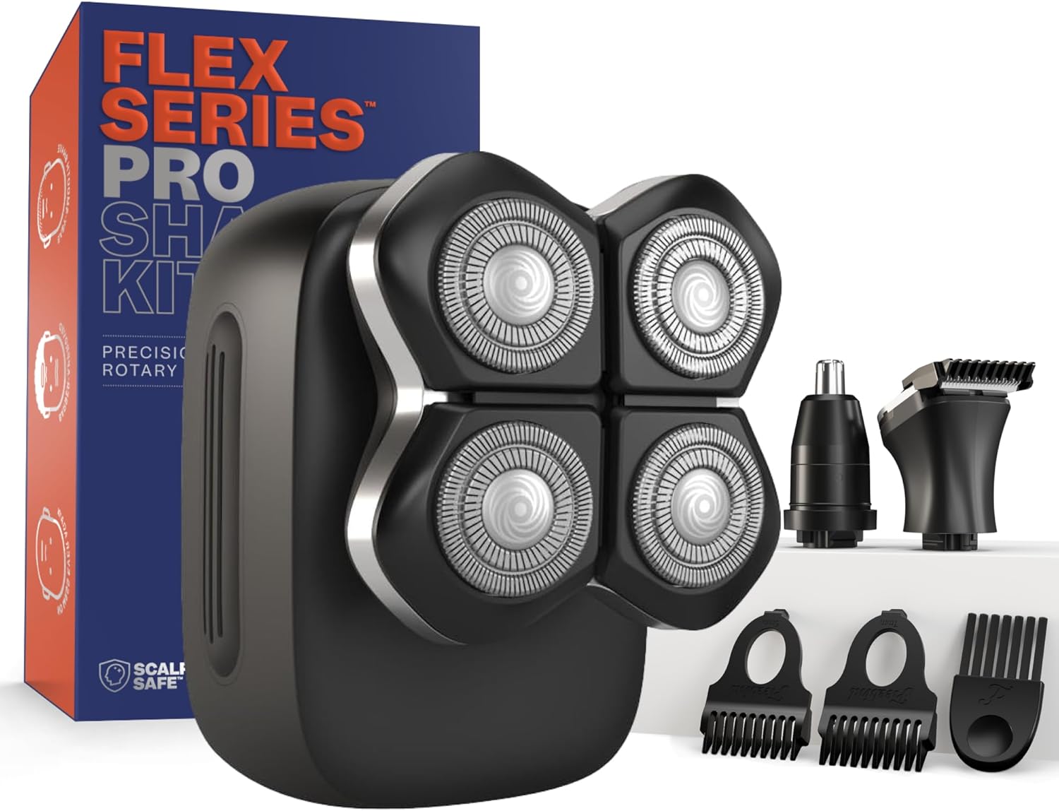 FlexSeries Pro Electric Head & Body Shaver - Mens Cordless Rechargeable Wet/Dry Skull Bald Head Back & Groin Waterproof Razor with Rotary Blades, Clippers, Nose Trimmer, Brush, Massager