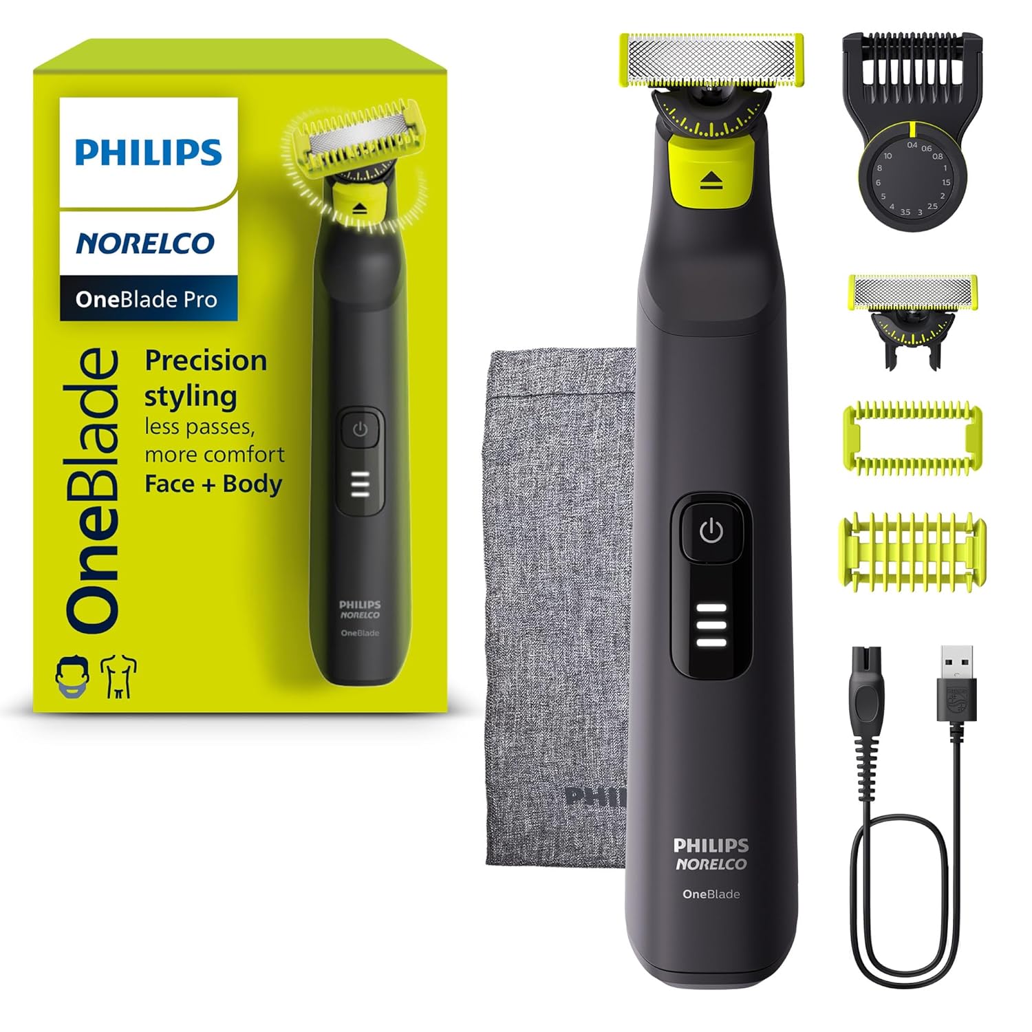 Philips OneBlade Pro 360 Face + Body, Electric Shaver, Beard Trimmer and Body Groomer, with 360 Blade Technology, 14-Length Precision Comb, Body Kit, Soft Pouch, Model QP6542/70 OneBlade Pro 360 Face+Body Black/Lime Green