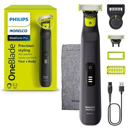 Philips OneBlade Pro 360 Face + Body, Electric Shaver, Beard Trimmer and Body Groomer, with 360 Blade Technology, 14-Length Precision Comb, Body Kit, Soft Pouch, Model QP6542/70 OneBlade Pro 360 Face+Body Black/Lime Green
