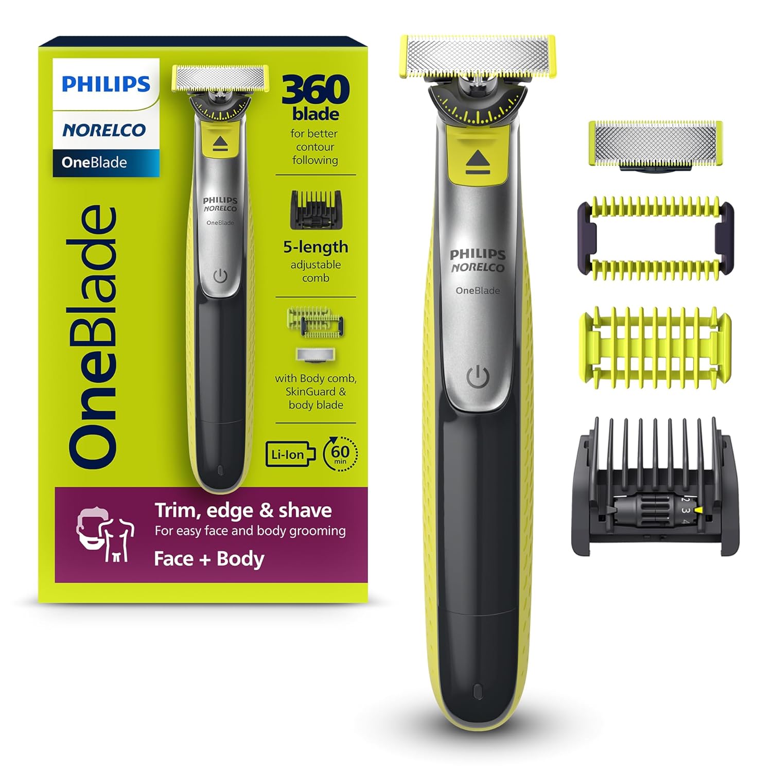 Philips Norelco for Face + Body, Electric Beard Trimmer, Shaver and Groomer, 5in1 Adjustable Comb, 1x Body Kit, Model QP2834/70, Black/Lime Green OneBlade 360 Face + Body Black/Lime Green