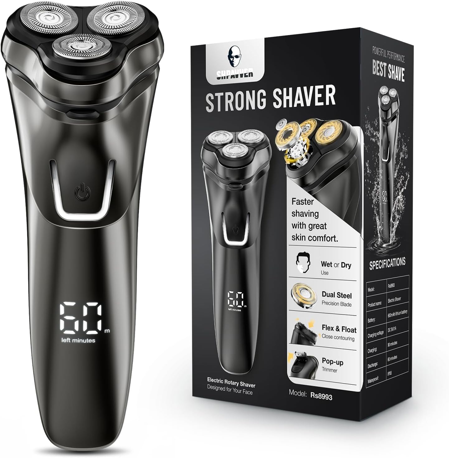 Electric Razor for Men Cordless: Wet/Dry Rotary Shaver Waterproof - USB Fast Charging & Sensitive Skin Care - Pop up Trimmer & Precision Blades Black Elegant Black
