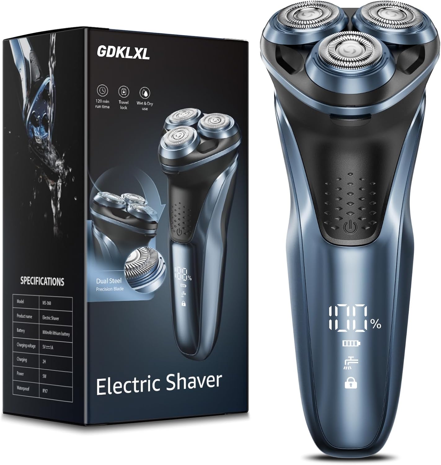 Rechargeable Electric Razor for Men: IPX7 Waterproof Shaver - 1.5H Fast Charge, 4D Flex Precision Blades with Pop-Up Trimmer - Gentle on Sensitive Skin, Travel-Friendly Blue