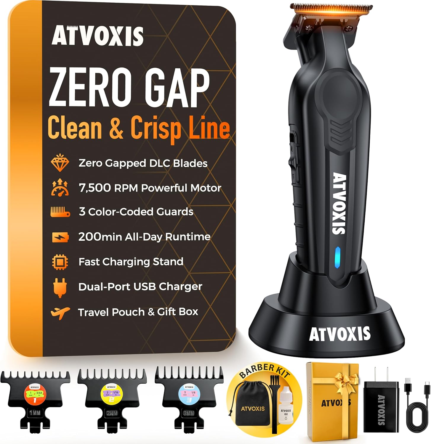 Hair Trimmer for Men, Trimmers for Barbers, Zero Gapped T Liners Clippers, T Blade Trimmer, Line Up Shape Up Edgers Clippers for Men Pitch Black