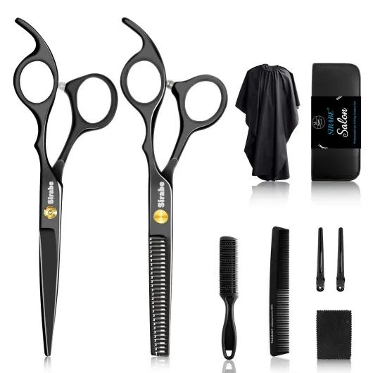 10 PCS Hair Cutting Scissors Set, Professional Haircut Scissors Kit with Cutting Scissors, Thinning Shears, Comb, Cape, Clips, Black Hairdressing Texturizing Shears Set for Barber, Salon, Home