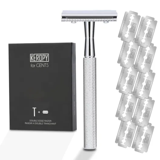 Double Edge Safety Razor With 10 Premium Stainless Steel Reusable Single Blade Razors For Men and Women, Smooth Wet Shave Experience, Glossy Silver