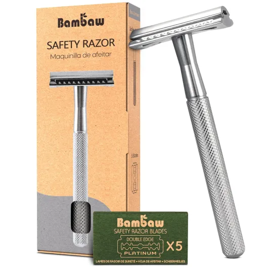 Double Edge Safety Razor for Men & Women, Metal Razor with 5 Double Edge Safety Razor Blades, Eco-Friendly Razor – Silver Silver Razor