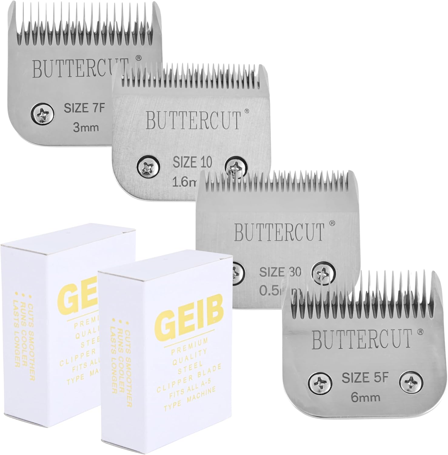 Geib Buttercut Detachable Replacement Dog Clipper Blade - 4 Pack, Sizes #30, #10, 5F, 7F, Stainless Steel Long-Lasting Sharp Edges, Compatible with Andis A5, Oster A5, Wahl KM10, Dog Grooming Blade