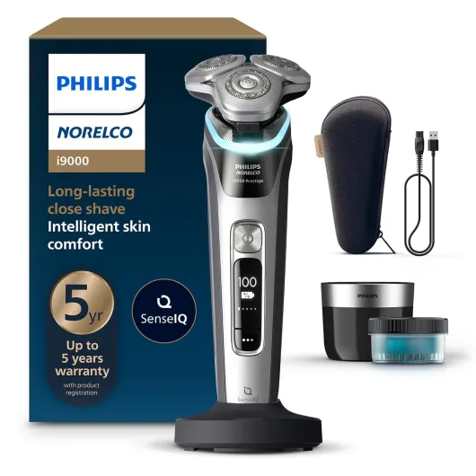 Philips Norelco Shaver i9000 Prestige, Wet & Dry Electric Shaver, Dark Slate Nova, SenseIQ Technology, Triple Lift & Cut System, 360 Rotating Dual SteelPrecision Blades, Charging Stand, XP9204/85 i9000 + Charge Stand & QCP Gray