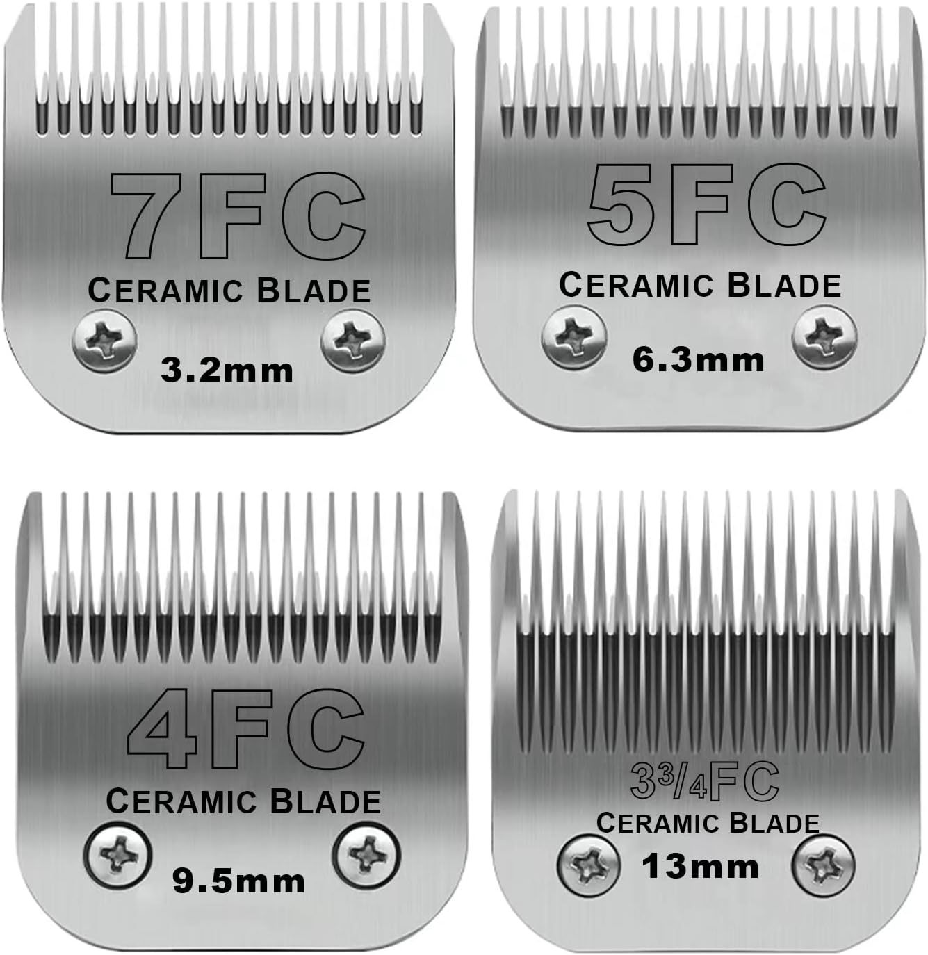 Size 7FC/5FC/4FC/3FC Detachable Pet Dog Grooming Clipper Ceramic Blades Set,Compatible with Andis,Oster A5,Wahl KM10 Series Clippers,Cut Length 1/8"(3.2mm) to 1/2"(13mm),4 Pack 7FC+5FC+4FC+3FC