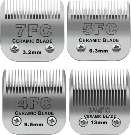Size 7FC/5FC/4FC/3FC Detachable Pet Dog Grooming Clipper Ceramic Blades Set,Compatible with Andis,Oster A5,Wahl KM10 Series Clippers,Cut Length 1/8"(3.2mm) to 1/2"(13mm),4 Pack 7FC+5FC+4FC+3FC