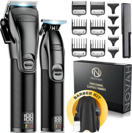 Novah® Professional Hair Clippers for Men, Professional Barber Clippers and Trimmer Set, Mens Cordless Hair Clipper for Barbers Haircut Kit Fade TMR-001 & HCL-001 Bundle
