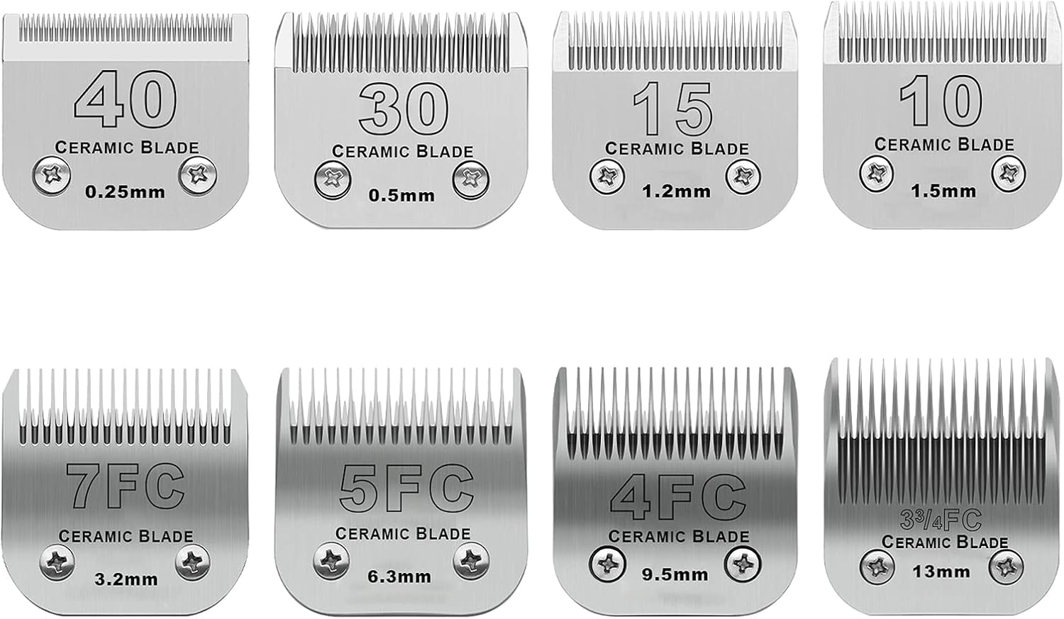 Size 40/30/15/10/7FC/5FC/4FC/3FC Detachable Pet Dog Grooming Clipper Ceramic Blades Set,Compatible with Andis,Oster A5,Wahl KM10 Series Clippers,Cut Length 1/100"(0.25mm) to 1/2"(13mm),8 Pack 8 piece set