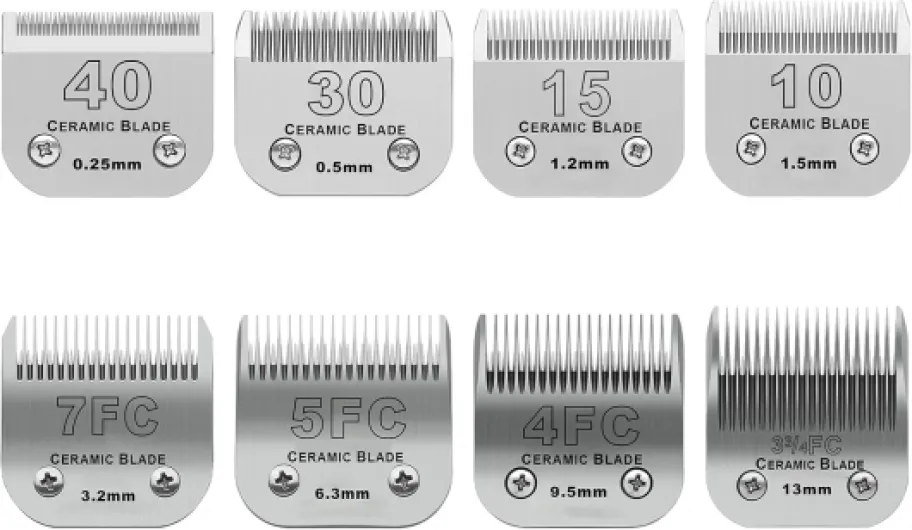 Size 40/30/15/10/7FC/5FC/4FC/3FC Detachable Pet Dog Grooming Clipper Ceramic Blades Set,Compatible with Andis,Oster A5,Wahl KM10 Series Clippers,Cut Length 1/100"(0.25mm) to 1/2"(13mm),8 Pack 8 piece set