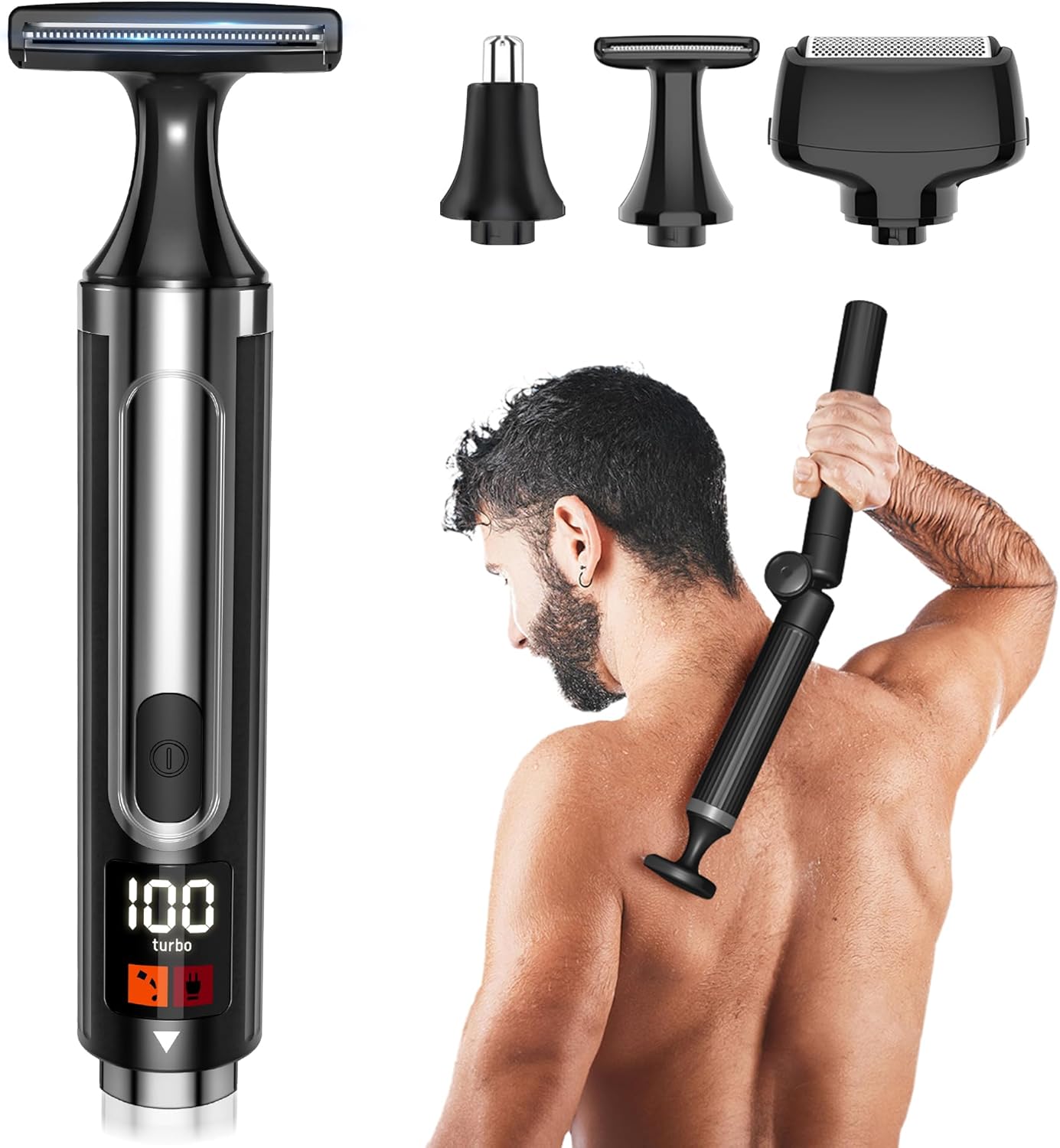 Electric Back Shaver for Men, 3 in 1 Mens Back Shaver, Cordless Back Hair Trimmer for Men with Extendable Long Handle, Self-Service Body Groomer Razor with Wider Blade Glossy Black