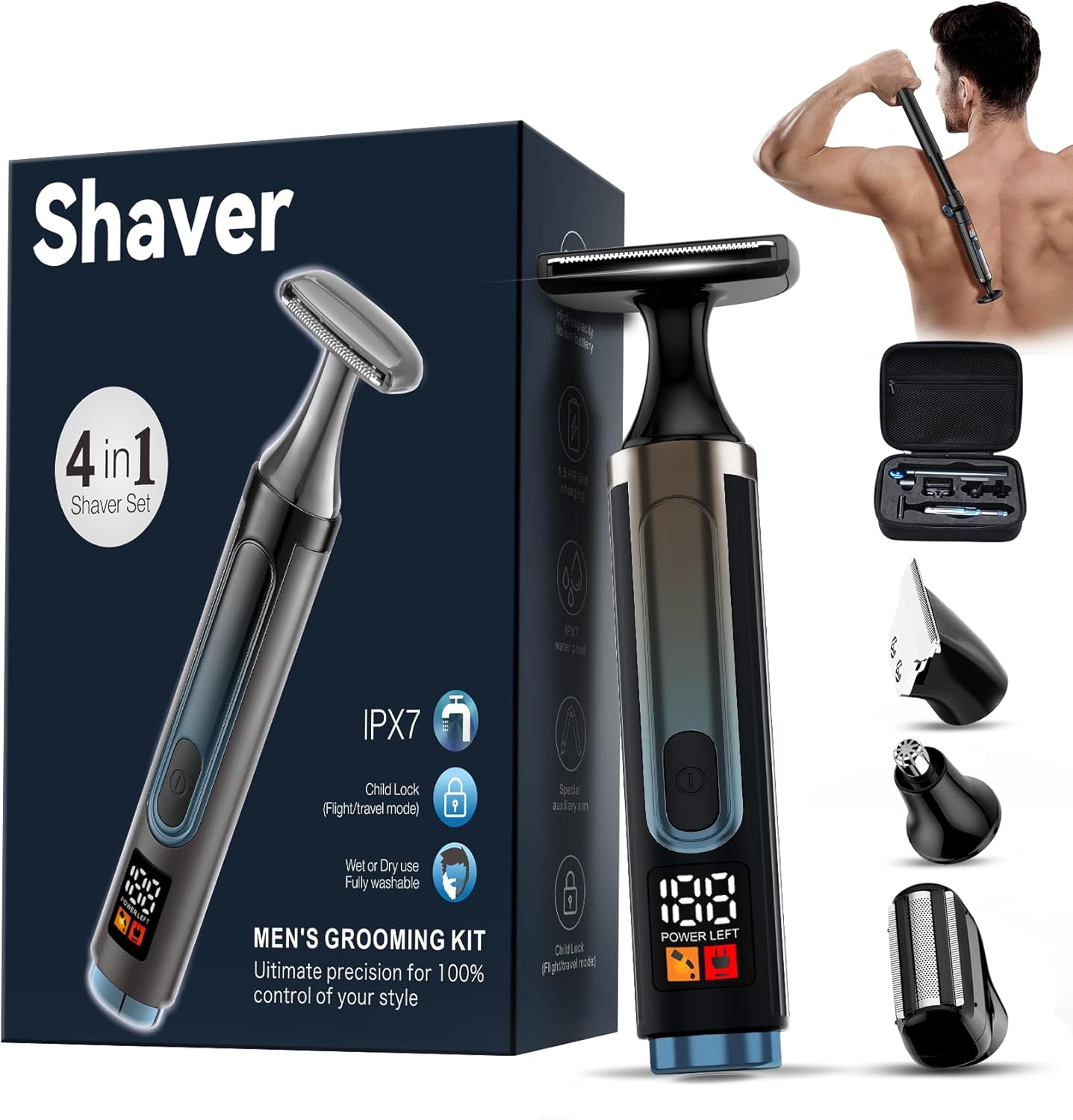 Back Shaver for Men, LED Display, Travel Case, 4 in 1 Mens Back Shaver Rechargeable with Long Handle, Safety Lock, IPX7, Multi-Functional Back Trimmer for Men,(Jet Black)