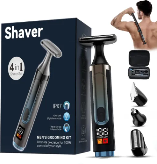 Back Shaver for Men, LED Display, Travel Case, 4 in 1 Mens Back Shaver Rechargeable with Long Handle, Safety Lock, IPX7, Multi-Functional Back Trimmer for Men,(Jet Black)
