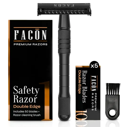 Facón Double Edge Safety Razor for Men & Women - Butterfly Open Stainless Steel Razor w/ 50 Platinum Double Edge Safety Razor Blades, Single Blade Razor for Smooth Close Shave, Reusable & Eco-Friendly The Gladiator