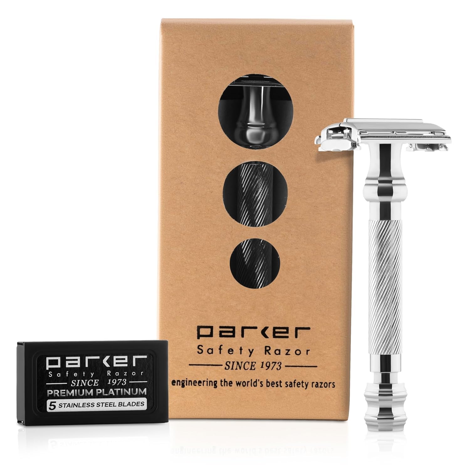 Parker 99R Chrome Long Handle Heavyweight Butterfly Open Double Edge Safety Razor for Men - 5 Parker Premium Platinum Double Edge Razor Blades Included - Iconic Brand
