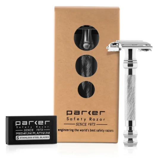 Parker 99R Chrome Long Handle Heavyweight Butterfly Open Double Edge Safety Razor for Men - 5 Parker Premium Platinum Double Edge Razor Blades Included - Iconic Brand