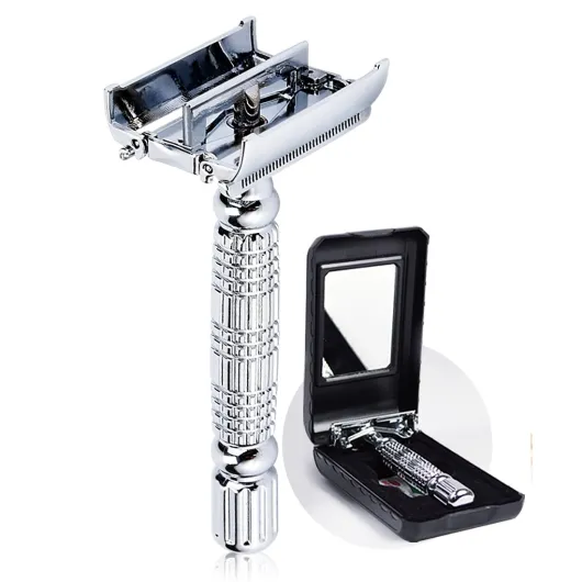 Butterfly Open TTO Double Edge Metal Safety Razor Wet Shaving Kit for Men Women with Platinum Blade and Mirrored Travel Case BD179