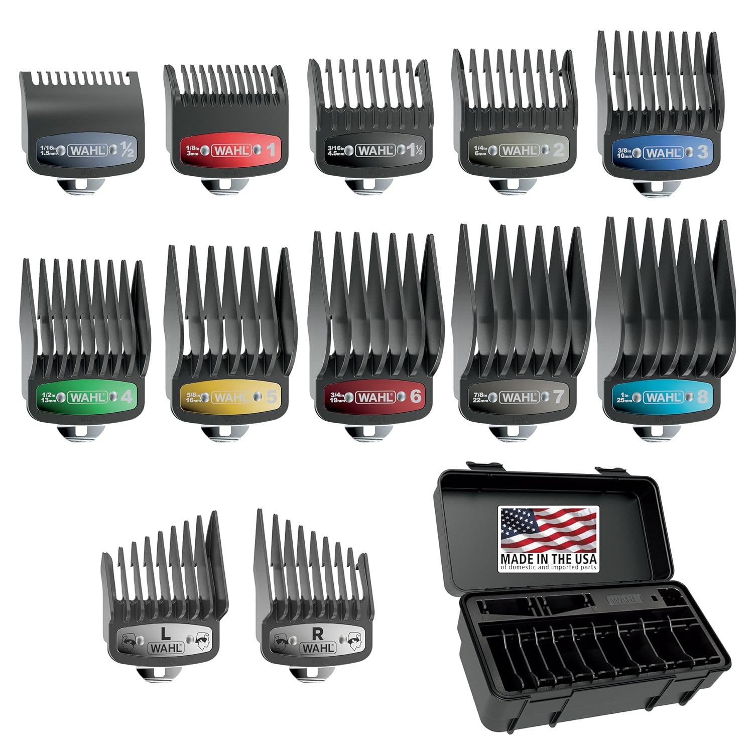 Genuine SECURE-SNAP® Guide Comb Set with Colored Metal Clips and Guard Organization Caddy, 12 Full Size Attachment Guards from 1/16” to 1” for Increased Cutting Performance Grey - 3291-300 Color Metal 12 Piece
