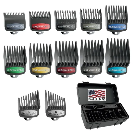 Genuine SECURE-SNAP® Guide Comb Set with Colored Metal Clips and Guard Organization Caddy, 12 Full Size Attachment Guards from 1/16” to 1” for Increased Cutting Performance Grey - 3291-300 Color Metal 12 Piece