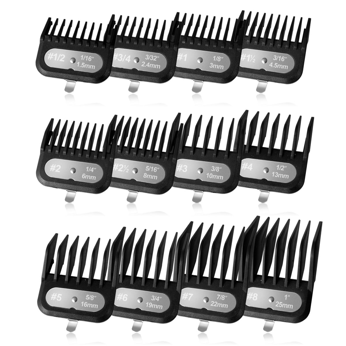 Clipper Guards Set Compatible with Most Wahl Clippers, -1/16" to 1", 12 Piece Set, Black Color, New Version 12PCS