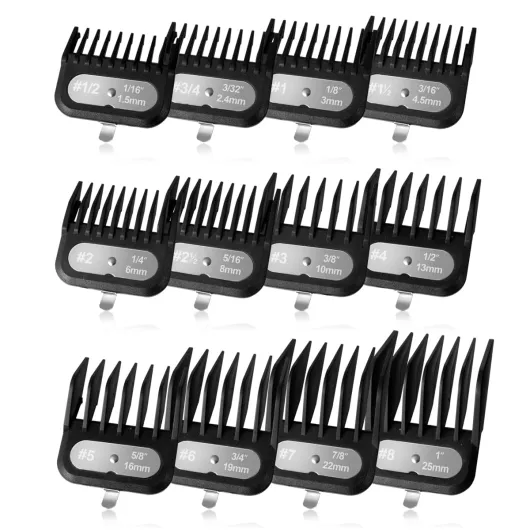 Clipper Guards Set Compatible with Most Wahl Clippers, -1/16" to 1", 12 Piece Set, Black Color, New Version 12PCS
