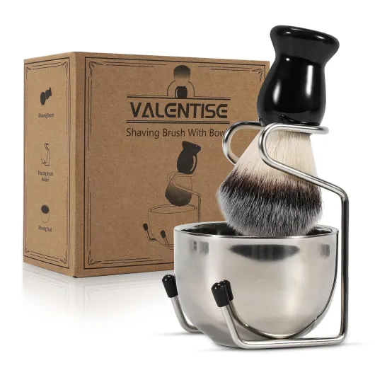 Shaving Brush, 3 In 1 Shaving Brush Set Includes Stainless Steel Shaving Stand and Bowl, Synthetic Badger Hair Shave Brush for Men's Shave Gift