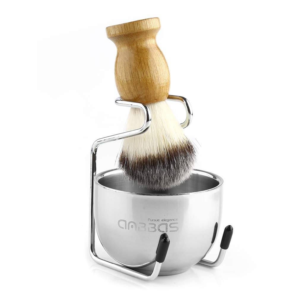Shaving Brush Synthetic Badger Hair Wood Handle,Stainless Steel Shaving Stand and Bowl,Perfect for Men Wet Shave Beech