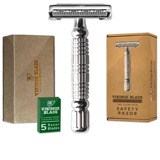 Double Edge Safety Razor for Men + 5 Swedish Steel Blades + Luxury Case - Smooth, Reusable, Eco-Friendly (The Chieftain) Chromium Silver