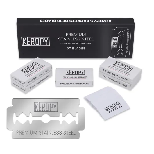 Double Edge Safety Razor Blades-50 Count Premium Razor Blades, Surgical Stainless Steel with Chromium Coating&3X Sharper Edges, Zero Irritation, Fits Most of Safety Razors, Sensitive Skin Safe