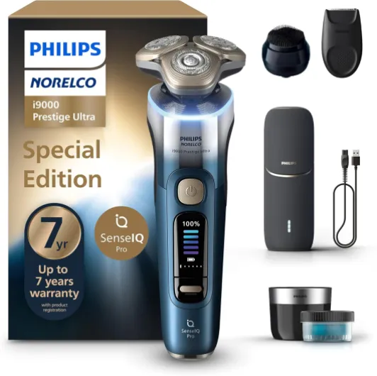 Philips Norelco Shaver i9000 Prestige Ultra Special Edition - Wet & Dry Electric Shaver, SenseIQ Pro Technology, Triple Lift & Cut System, 360 Rotating NanoTech Precision Blades, Model XP9406/93 Black i9000 Prestige+UV Charge Case,QCP,Trimmer & Brush