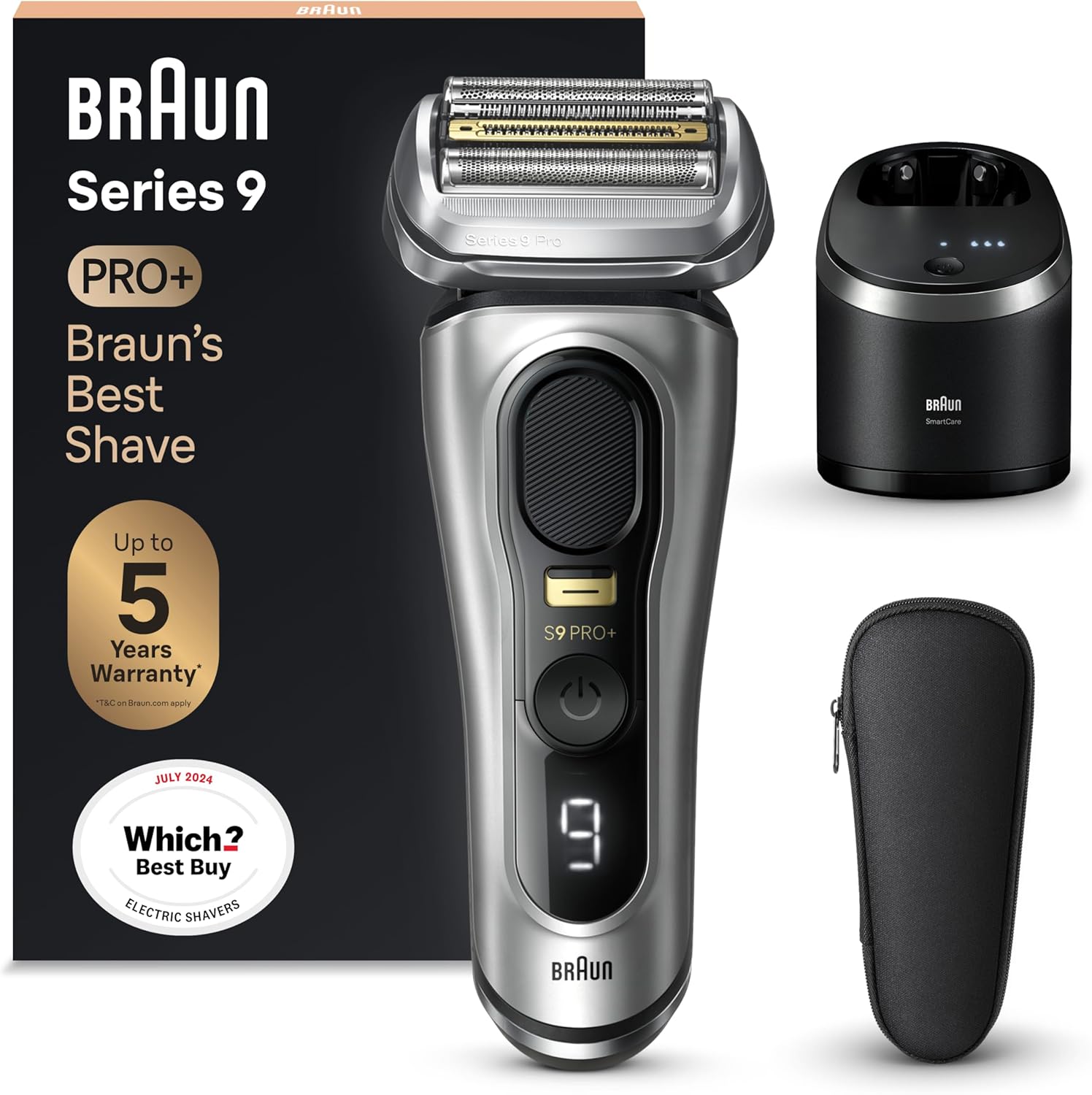 Series 9 PRO+ Electric Razor for Men, 5 Pro Shave Elements & Precision Long Hair Trimmer, 6in1 SmartCare Center, Wet & Dry Electric Shaver for Smooth Skin with 60min Battery Runtime, 9567cc Silver 6 Piece Set
