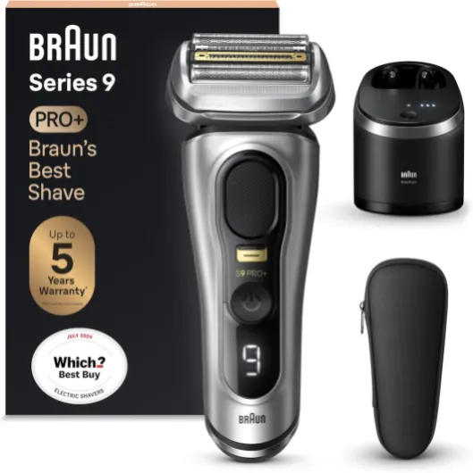 Series 9 PRO+ Electric Razor for Men, 5 Pro Shave Elements & Precision Long Hair Trimmer, 6in1 SmartCare Center, Wet & Dry Electric Shaver for Smooth Skin with 60min Battery Runtime, 9567cc Silver 6 Piece Set