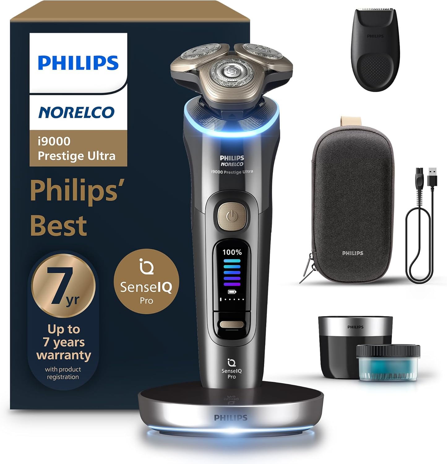 Philips Norelco Shaver i9000 Prestige Ultra, Wet & Dry Electric Shaver, Dark Slate, SenseIQ Pro Technology, Triple Lift & Cut System, 360 Rotating NanoTech Precision Blades, Quick Clean Pod, XP9402/86 Black i9000 Prestige + Charge Stand, QCP & Trimmer