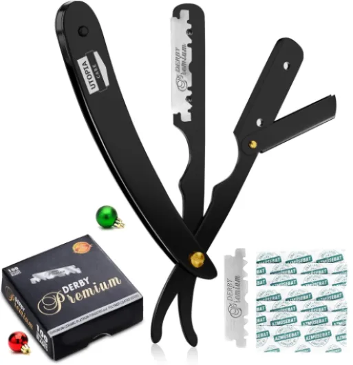 Professional Straight Razor for Men, Barber Straight Edge Razor Safety with 100 Pack Blades, Black 1 Count (Pack of 1) Black