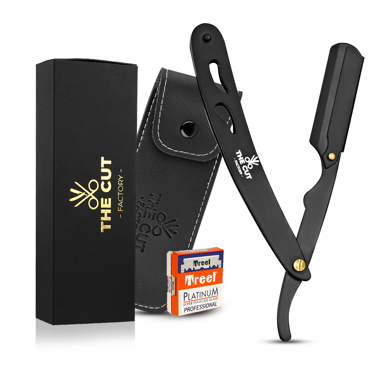 The Cut Factory® Straight Razor for Men Professional Barber Straight Edge Razor for Comfortable Smooth Shave - Gift Box Leather Pouch 20 Single Edge Blades - Our Blades Never Fall Black
