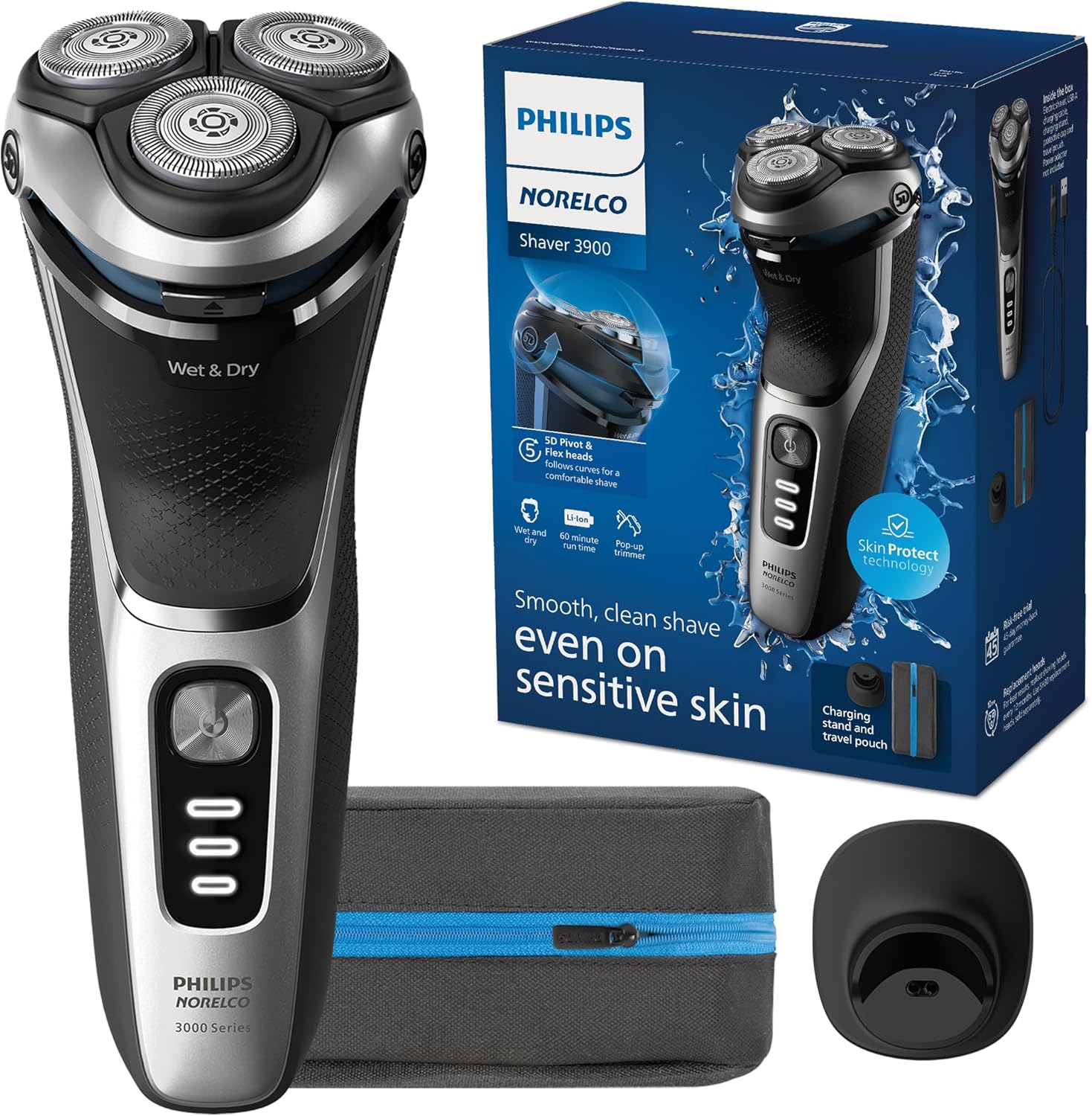 Philips Norelco Shaver 3900 Series, Wet and Dry Electric Shaver, P-Cap, Travel Pouch, Charging Stand, Storm Blue, Model S3341/92 Silver New Shaver Series 3000 + Charging Stand
