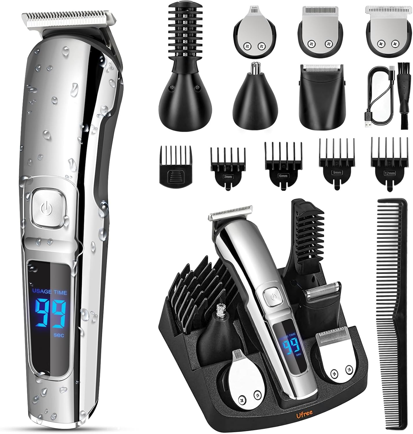 Beard Trimmer for Men, Waterproof Electric Razor for Nose, Body, Face & Mustache, Cordless Hair Clippers Shavers Grooming Kit, Gifts for Men Husband Father Silver