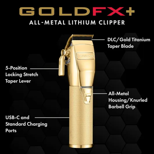 FX+ Professional Barber Cord/Cordless Hair Clippers for Men, All Metal, Lithium Battery with 3-Hour Runtime Gold