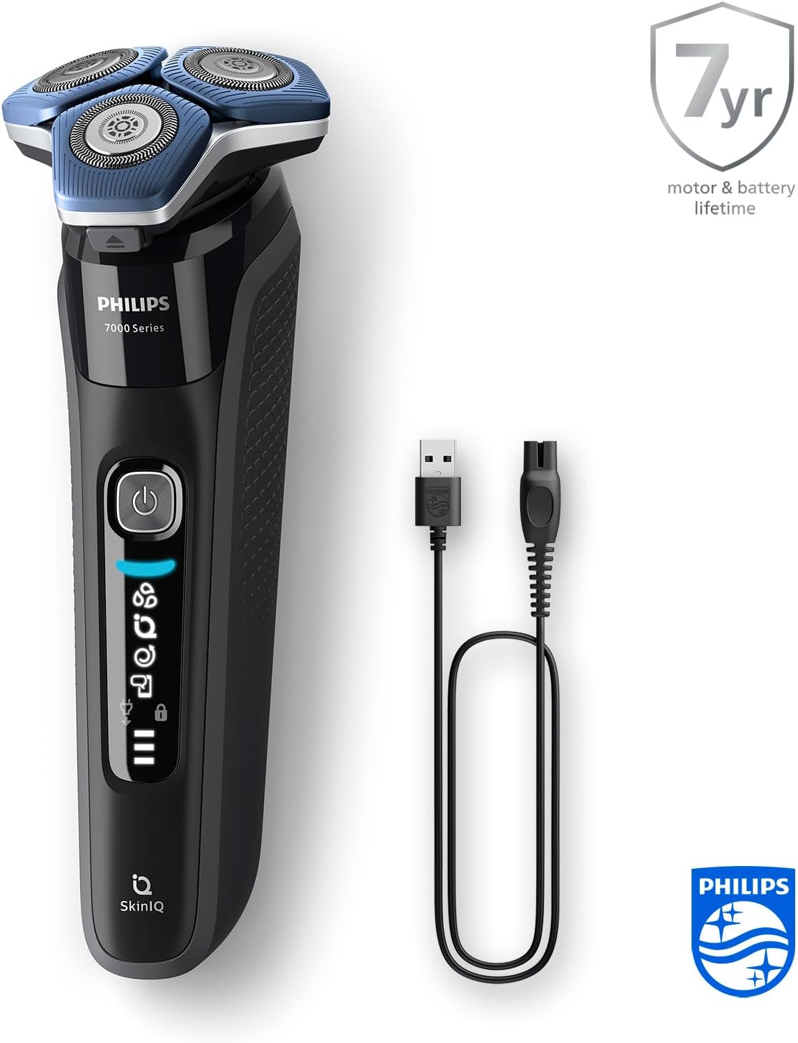 Shaver Series 7000 - Wet & Dry Mens Electric Shaver with SkinIQ Technology, Razor with Pop-up Trimmer, Charging Stand, Travel Case, Quick Clean Pod and Quick Clean Cartridge (Model S7886/55) inkl - Reinigungsstation & Reiseetui