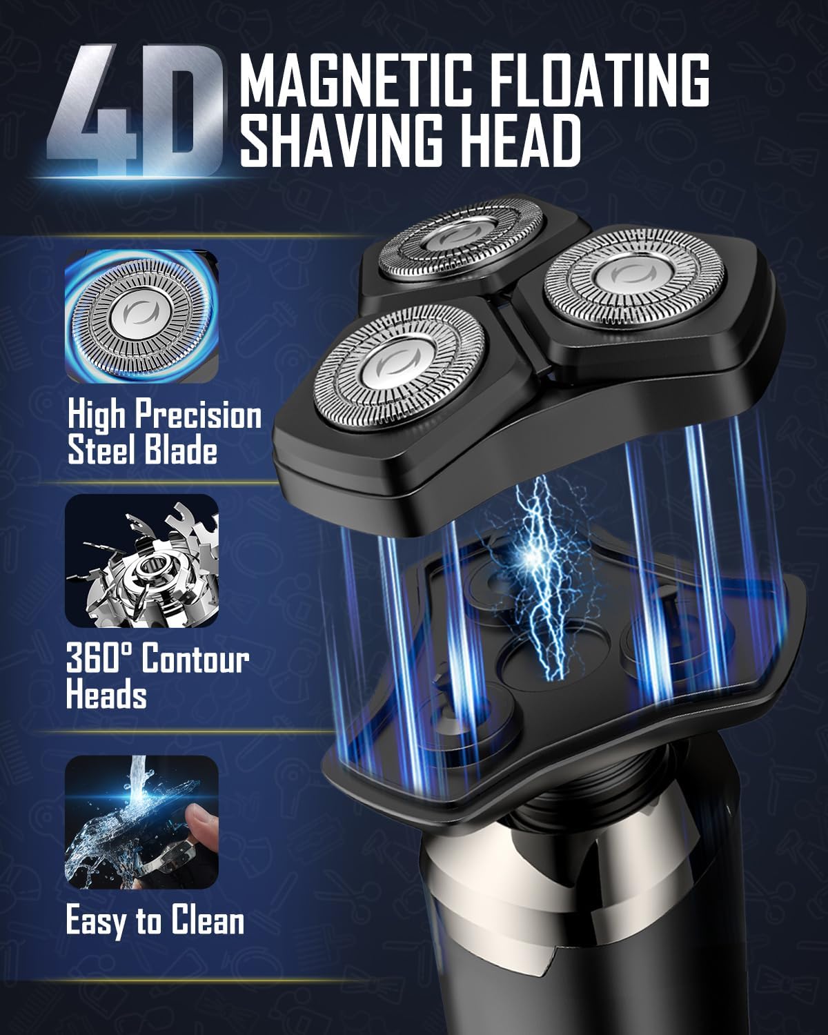 Electric Razor for Men, 4D Rotary Electric Shaver, 3-in-1 Magnetic Beard Trimmer Kit, Cordless Wet & Dry IPX6 Waterproof, LED Display, USB Charging, Men’s Grooming Kit, Father’s Day Gift for Dad