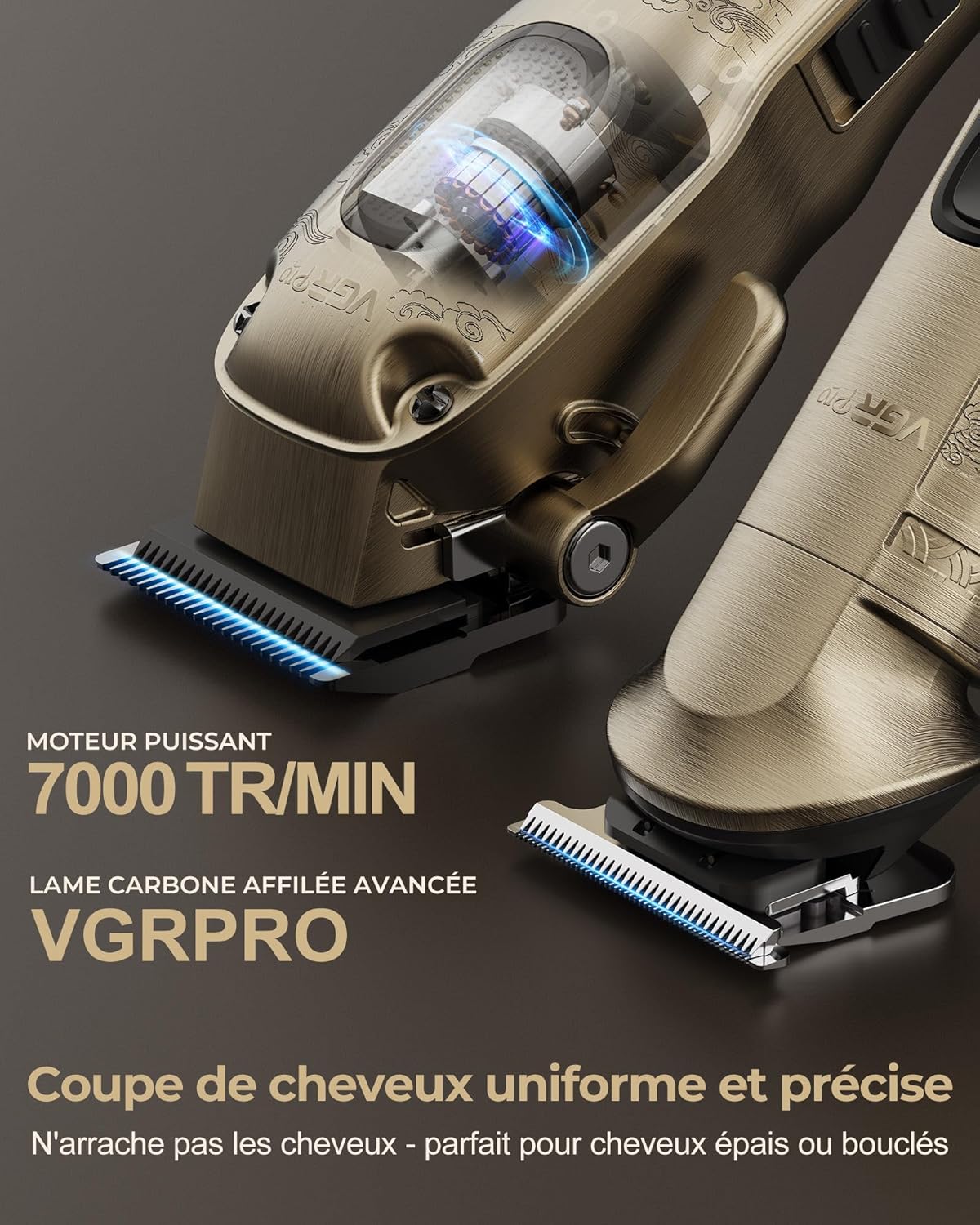 VGRPRO Tondeuse Cheveux Hommes Professionnelle, Tondeuse Cheveux Sans Fil pour Coupe de Cheveux, Kit Tondeuse et T-lames Trimmer Homme, Tondeuse Électrique pour Homme avec Boîte d'Emballage(Gloden)